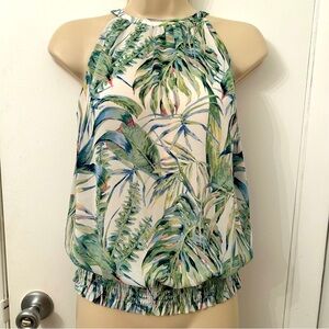 White and Green Botanical Halter Tank Top Sleeveless